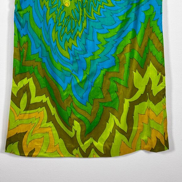 Vintage 1960s Psychedelic Shift Dress Blue Green Yellow Floral Tropical Print - Picture 7 of 16
